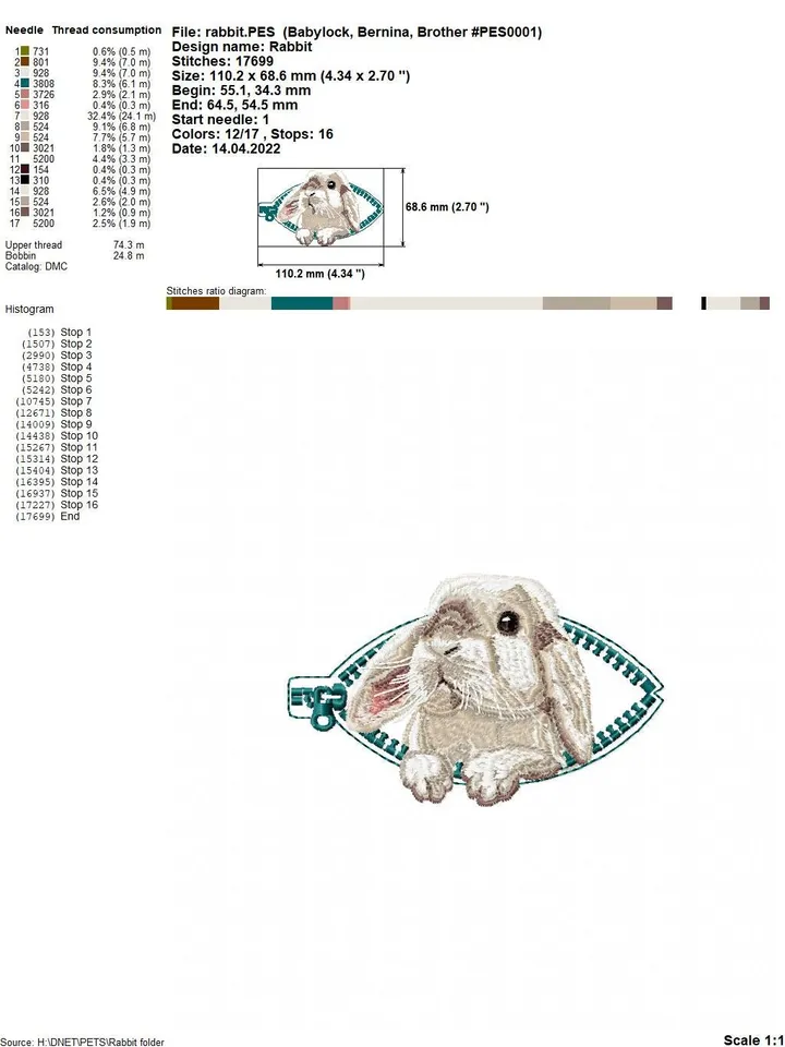 Rabbit in a zipper pocket Miniature realistic machine embroidery design Pet design rabbit realistic pattern rabbit embroidery motif