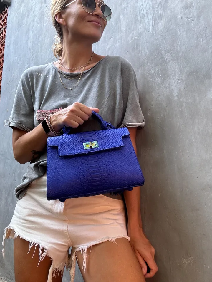 Top handle bright blue classy genuine python skin bag | exotic leather bags | Elegant women purse | snake skin bag | designer leather bag