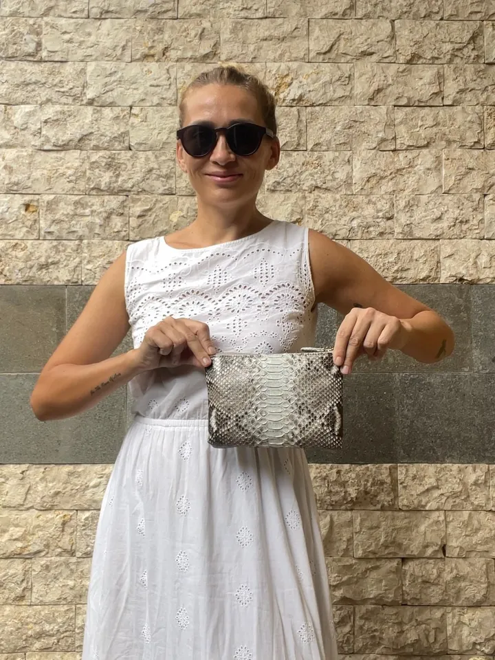 Genuine python skin grey cosmetic bag/ Purse Insert Organizer/ Bag Insert For Tote Bag/ exotic leather wallet / small snake skin clutch