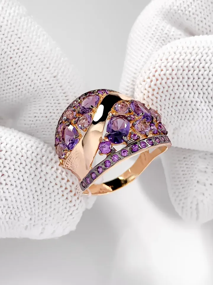 Ring Silver gold plated 925 assay value with amethyst