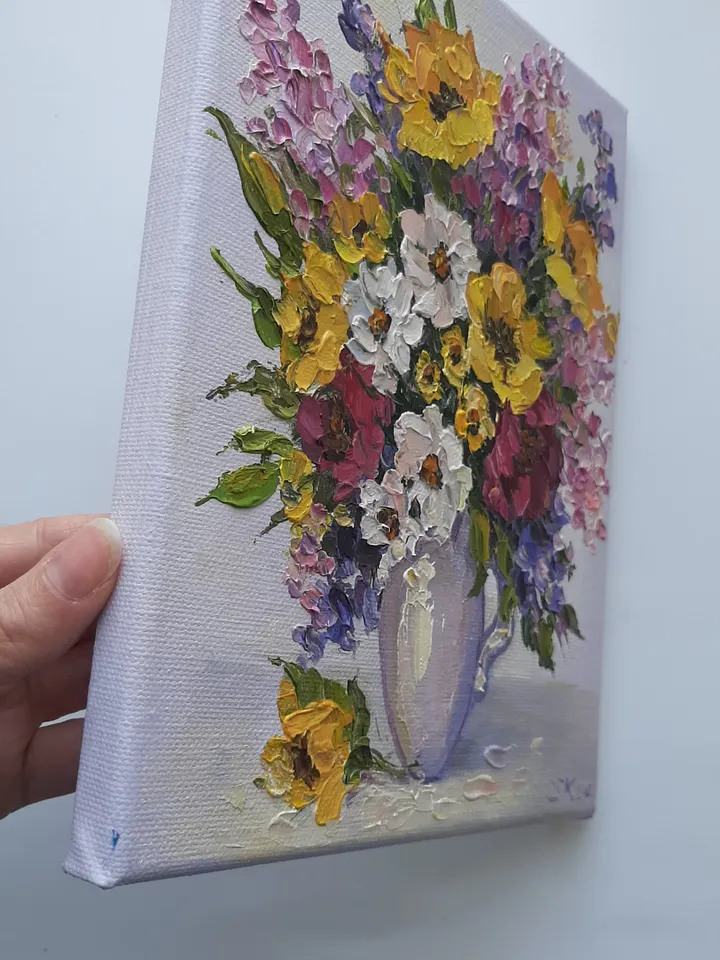 Yellow flower oil painting Original art Wildflowers Palette knife painting Wall art