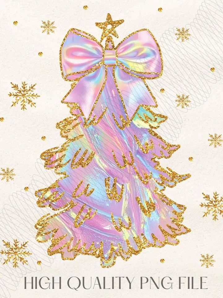 Iridescent Christmas Tree PNG, Coquette Christmas Png, Iridescent Christmas Png, Girly Christmas Png, Colorful Glitter Christmas Tree Png