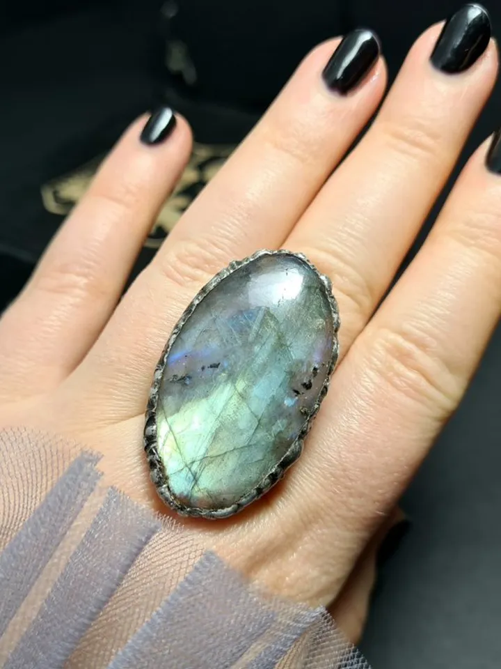 Labrodarite ring Big Massive Ring Luminous Ring Rainbow Ring