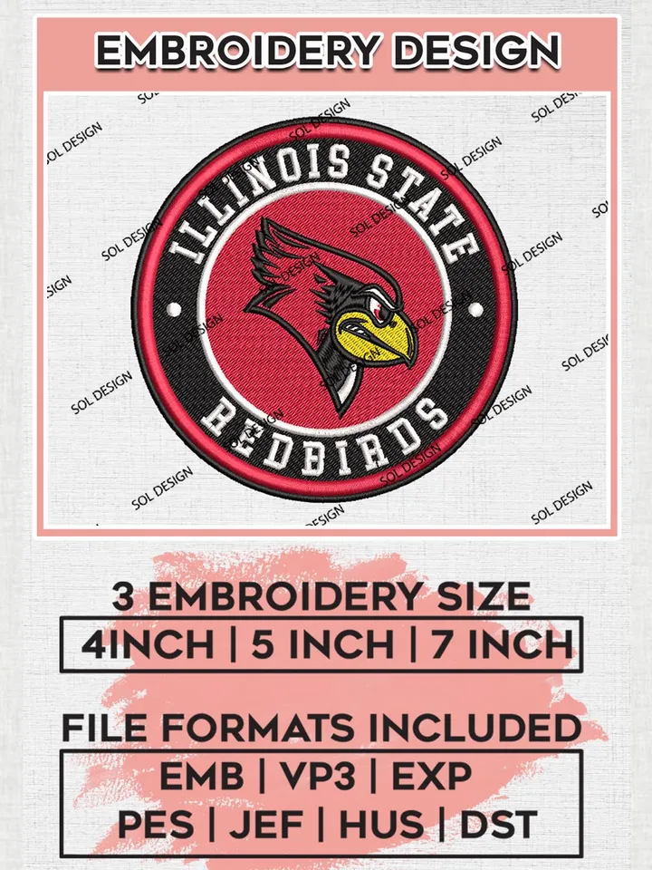 NCAA Illinois State Redbirds Round Logo Embroidery, NCAA Illinois State Redbirds Logo Embroidery files, NCAA Teams, Machine embroidery designs, Digital Download