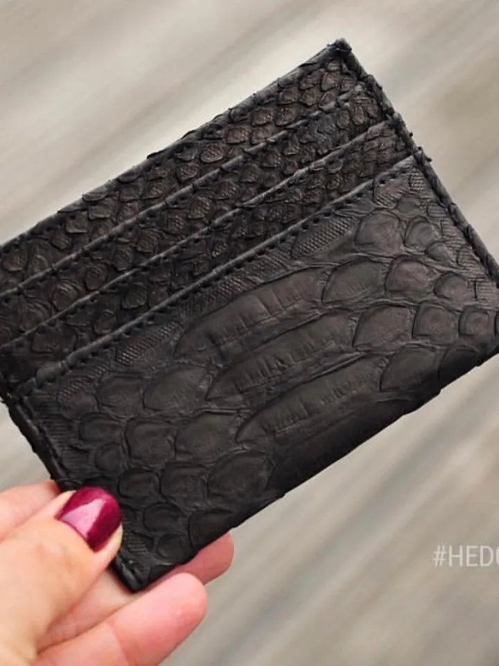 Genuine python skin creditcards holder/business cads holder black color unisex wallet small, gift idea exotic leather python skin