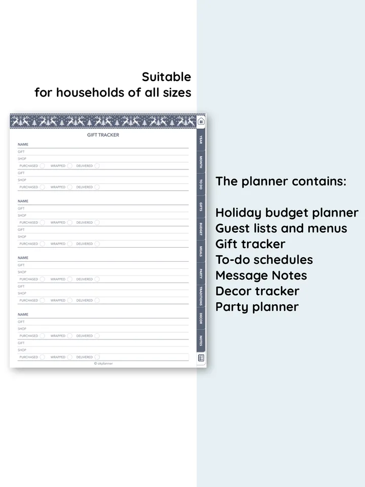 Christmas holiday planner. Event meal journal. Christmas gifts log. Holiday budget planning. Advent calendar for kids