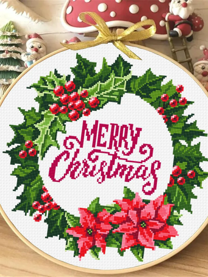 Christmas wreath cross stitch pattern PDF Poinsettia wreath cross stitch chart, Holiday cross stitch Instant download PDF, Holly berry #N17