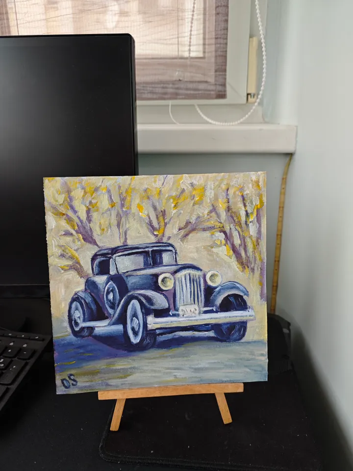Retro Car Original Painting Car Original Art Retro Old Car Artwork Black Old Car Wall Art Decor 8 x 8 inches be OlgaSokolovaArt