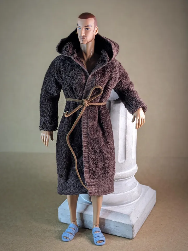 Brown terry bathrobe with a hood for 13 inch fashion male doll (FR Homme, Poppy Parker, Adonis)