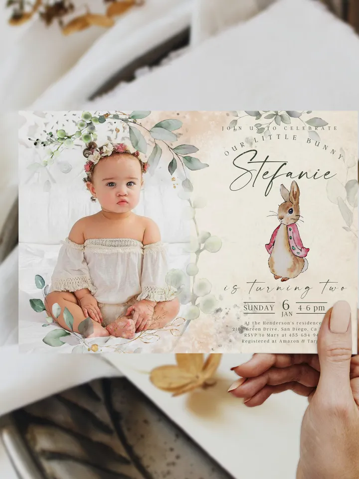 Peter Rabbit First Birthday Invite; Photo Baby Birthday Invitation template; Our little bunny turning one; Girl bunny birthday invitation