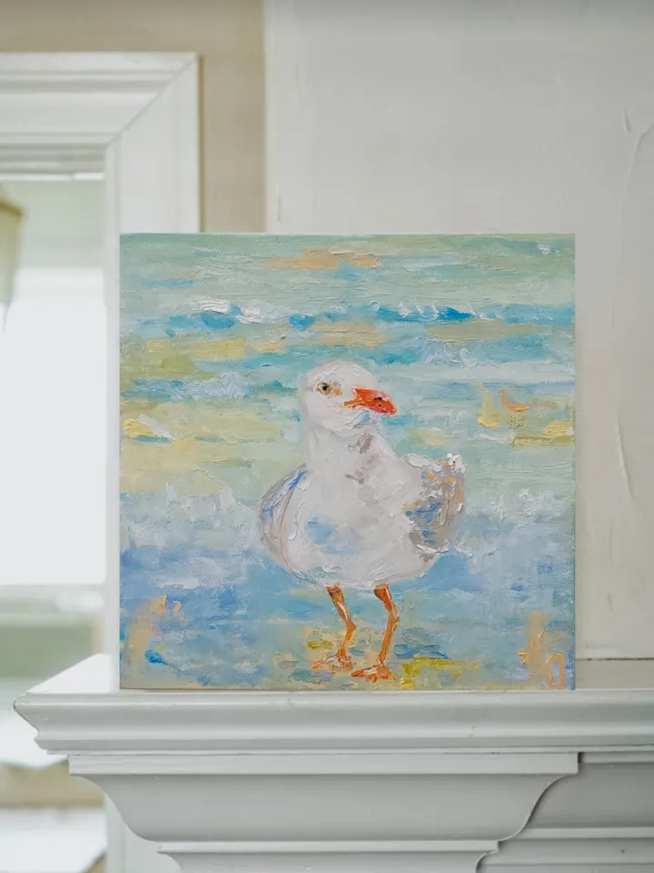Oil painting on canvas 20x20cm (8x8 inches) "Seagull and sea"