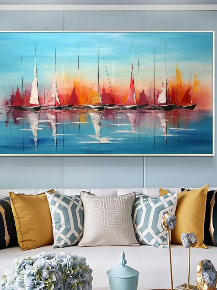 Original Sailboats Painting on Canvas, Large Wall Art, Abstract Colorful Painting, Ocean Art, Living room Wall Decor, Custom Painting