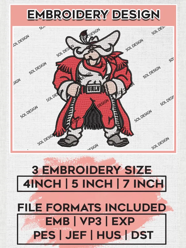 NCAA UNLV Rebels Mascot Embroidery Design Files, NCAA UNLV Rebels Machine Embroidery, NCAA Teams, 3 sizes, Machine embroidery designs, Digital Download