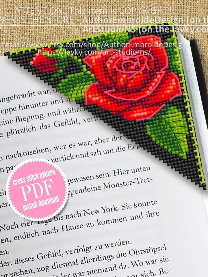 Corner bookmark red rose cross stitch pattern PDF download Red flowers cross stitch chart, Floral bookmark corner digital PDF #B216