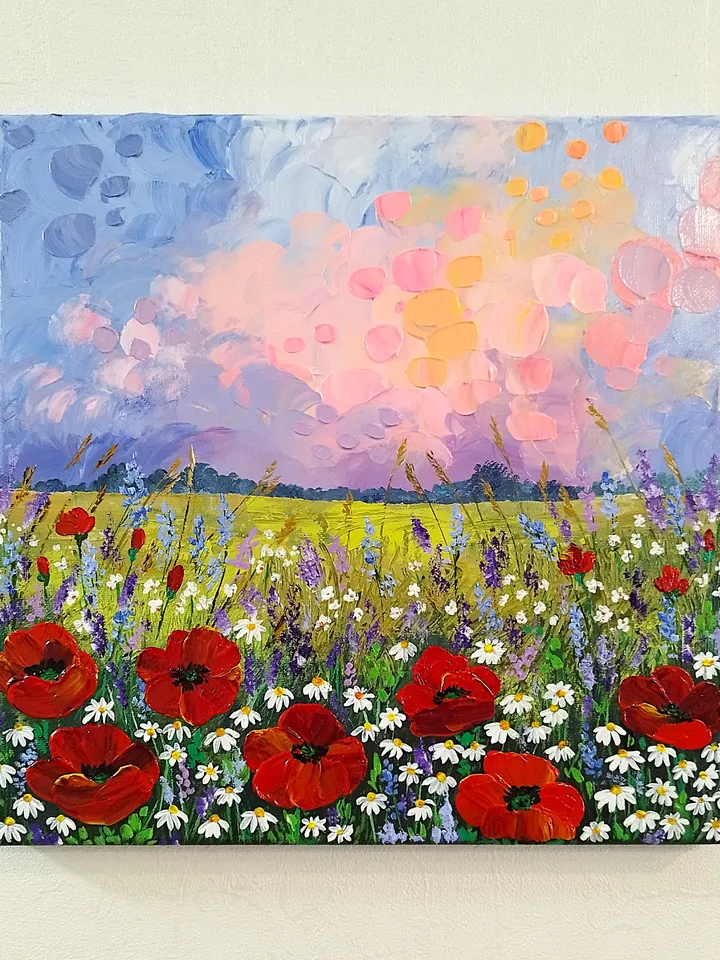 Wildflowers Textured Landscape Painting | Wall Art Decor