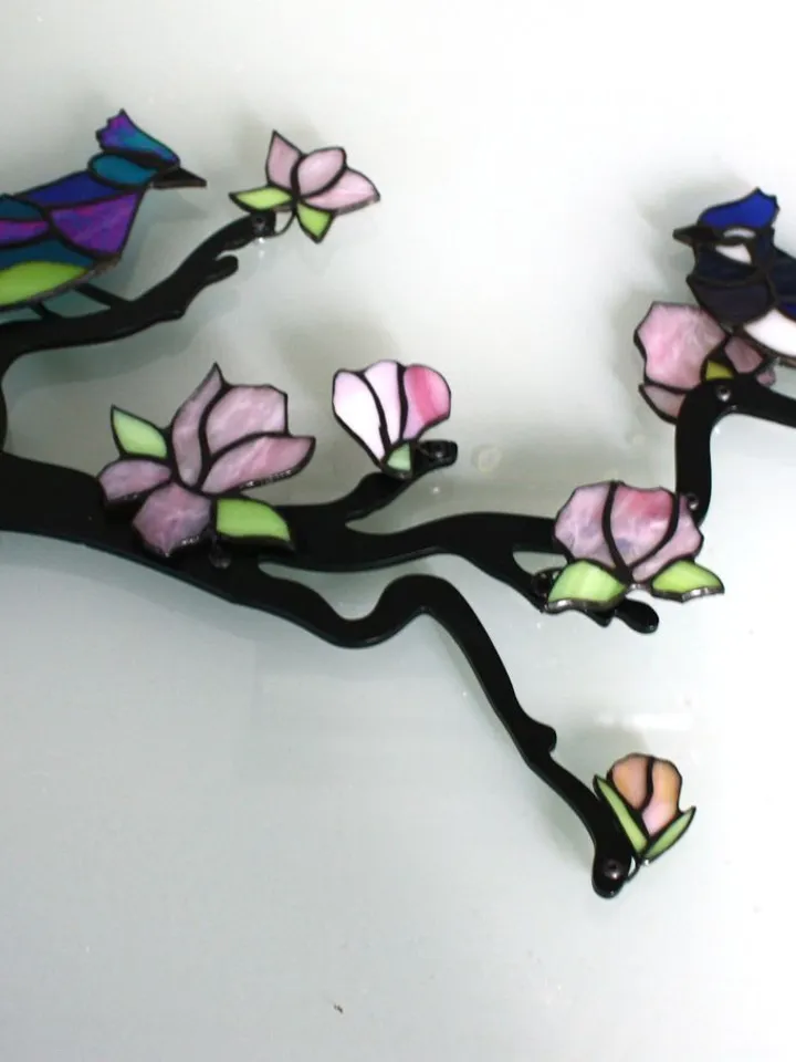 Tiffany Stained Glass: Magnolia Branch with Blue Jays, Tiffany Stained Glass Magnolia Branch with Blue Jays, Magnolia Blossom and Blue Jays, Stained Glass Magnolia Branch and Songbirds,Decorative Tiffany Glass Art: Magnolia Flowers and Birds