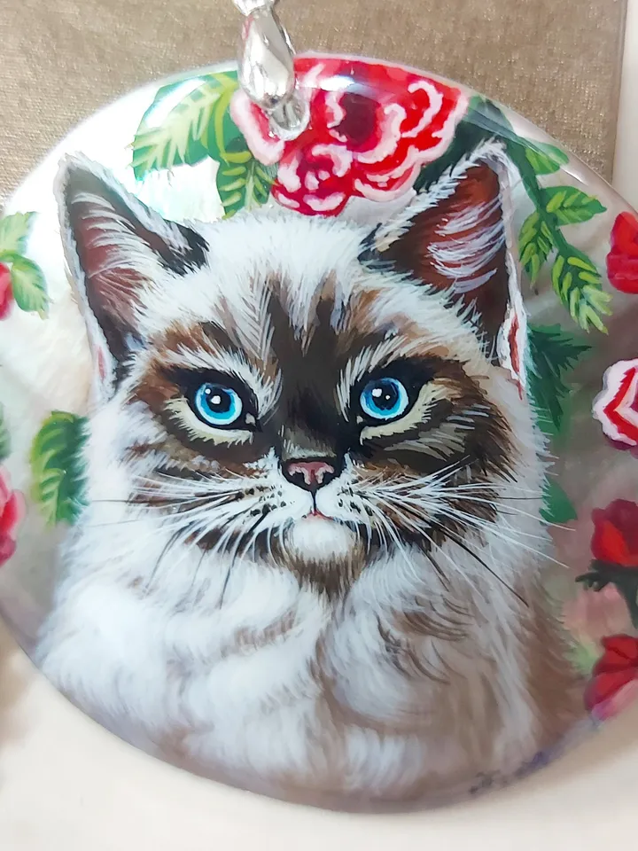 Mother-of-pearl Russian hand-painted necklace pendant "Cat in Flowers" Hand paint necklace pendant Cat pendant