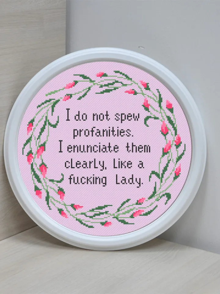 Framed quote cross stitch pattern Like a fucking lady Instant download PDF, Flower wreath cross stitch chart, Funny text cross stitch #Q37