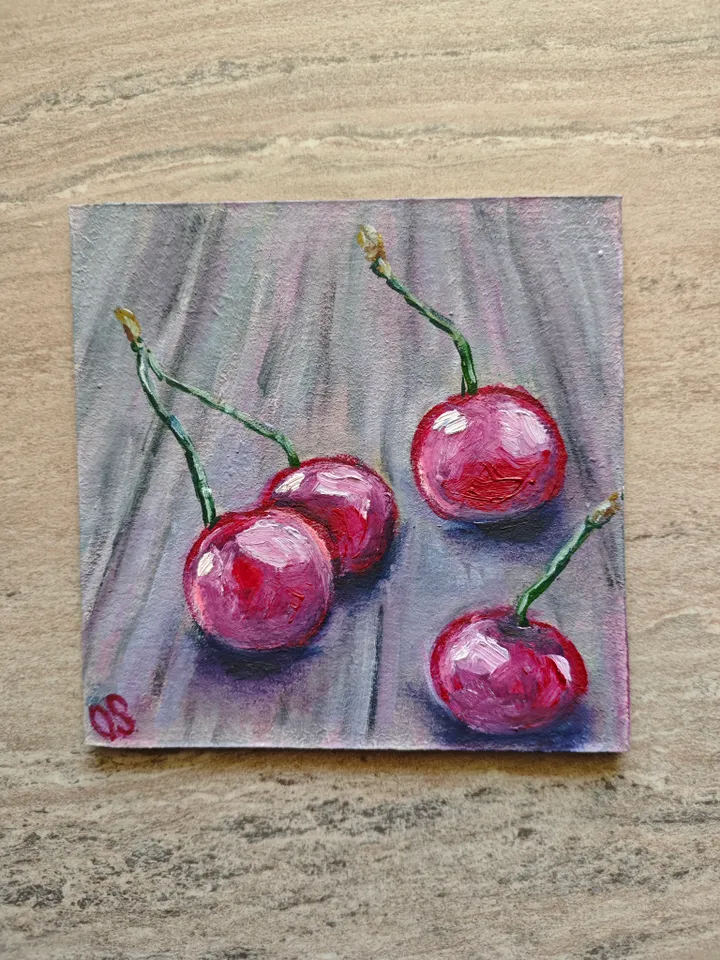 Cherries Original Painting Fruit Original Art Cherries Modern Artwork Bright Cherry Oil Painting Cherry Fruit Wall Art Decor 5 x 5 inches by OlgaSokolovaArt