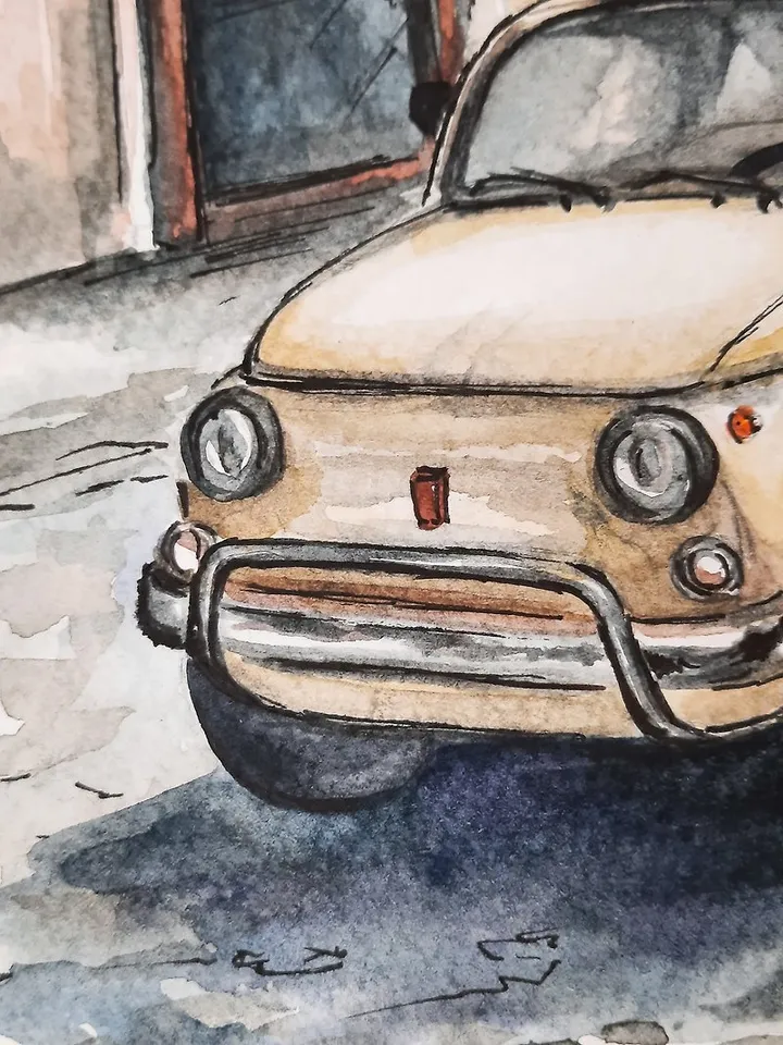 Watercolor painting Car painting Landscape Italy Cityscape Original painting