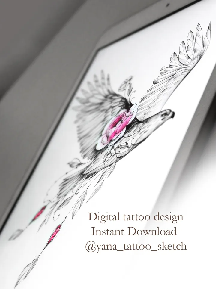 Eagle Tattoo Design For Females Flying Eagle Bird Tattoo Idea Drawing Sketch, Instant download JPG, PDF, PNG