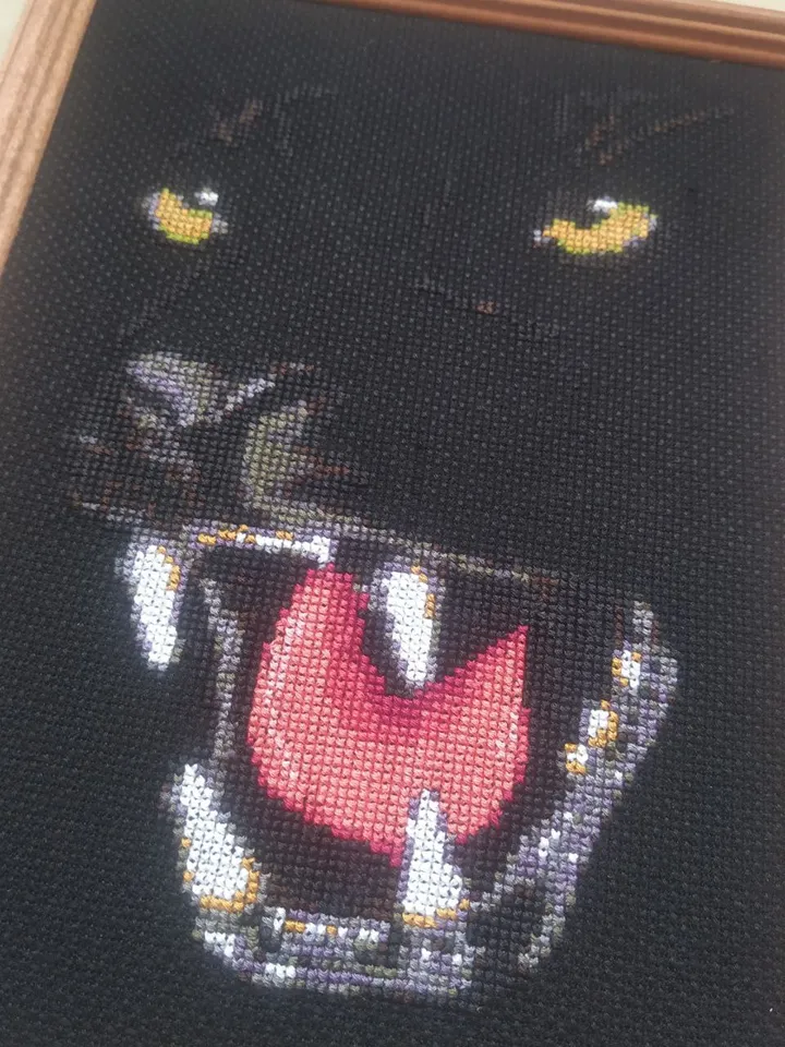 Panther Portrait Wall Art Decor, Finished Cross Stitch, Wild cat Embroidery Art Print, Black Wall Art, Original Gifts