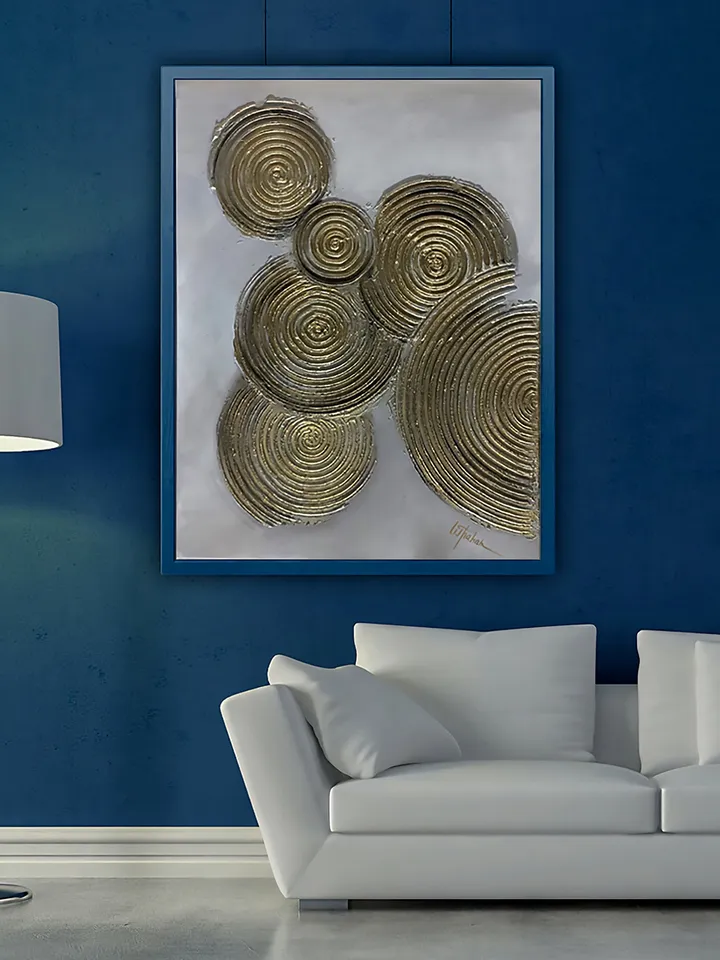 Golden circles wall art | Modern Abstract Painting | 3D Gold Effect Acrylic Art on Canvas 70x50 cm | Handmade Artwork | Abstract Expressionism Golden circles Painting