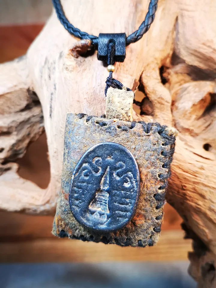 Gandhanra Antique Amulet Pendant,Stupa / Pagoda Tsa Tsa Mold on leather Sachet