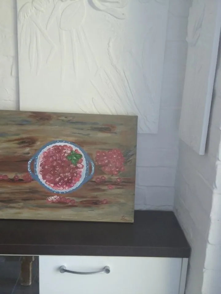 Still life with fruits, plate with cranberries in sugar on wooden table, painting for kitchen, canvas 18x14 inches