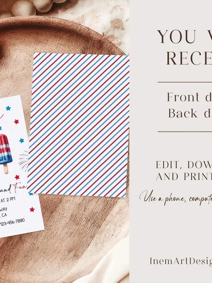 4th of July Invitation, Independence Day party Invite, Popsicles Pop on Over Invitation, Patriotic Party Invitation, Editable Canva Template