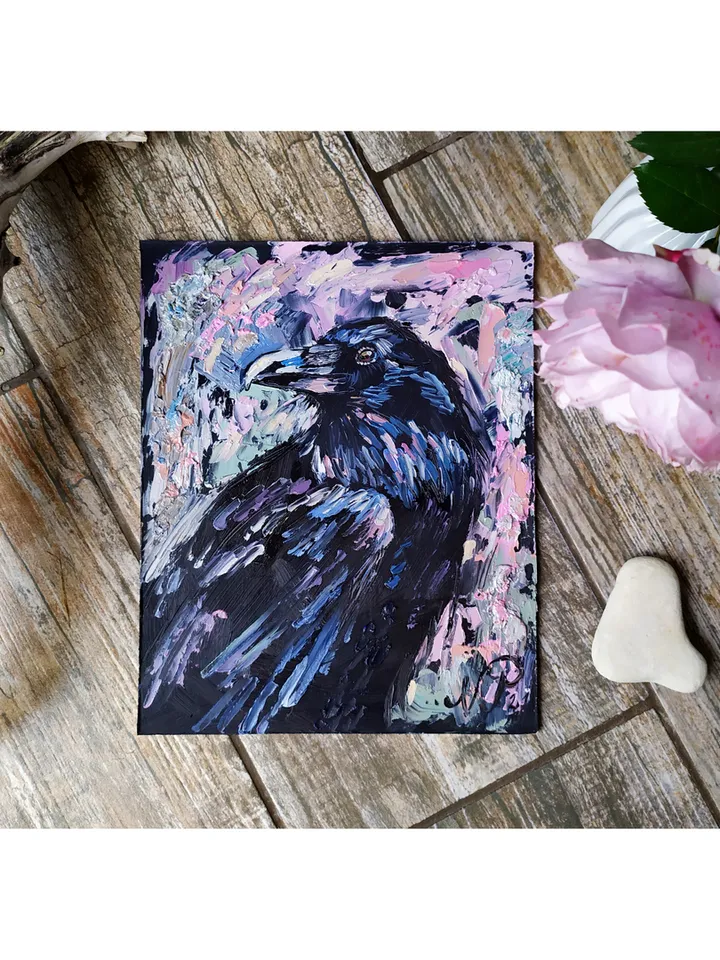 Raven Painting Bird original art 10 by 8 inches Black Crow Wall Art Crow artwork oil painting by Natalia Plotnikova