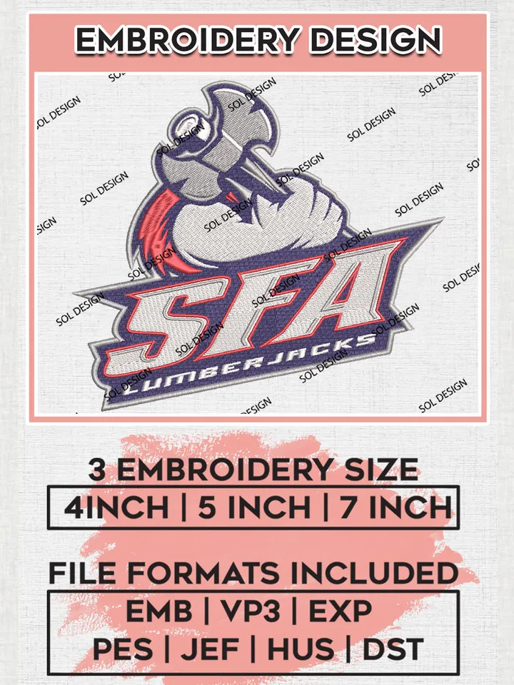 NCAA SFA Lumberjacks Football Team Logo Embroidery Design Files, NCAA Stephen F Austin Lumberjacks Machine Embroidery, NCAA Teams, Game Day, 3 sizes, NCAA Machine embroidery designs, Digital Download