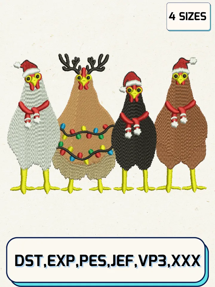 Chickens Christmas Embroidery Designs,Christmas Embroidery Designs,Machine Embroidery Files,4 Sizes