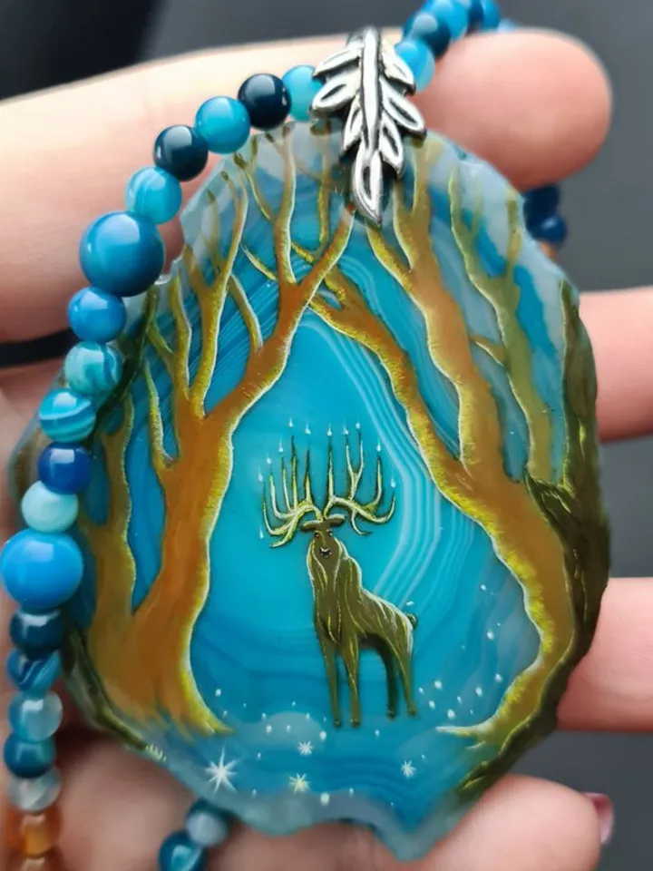 Deer necklace Agate necklace Real oil painting of deer Lacquer miniature
