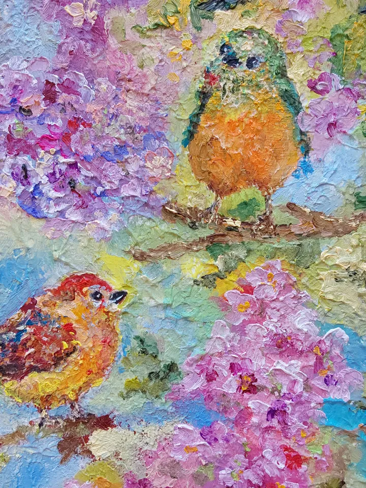 "Spring. Bird talk" oil painting on textured canvas 50x50cm (20x20 inches).