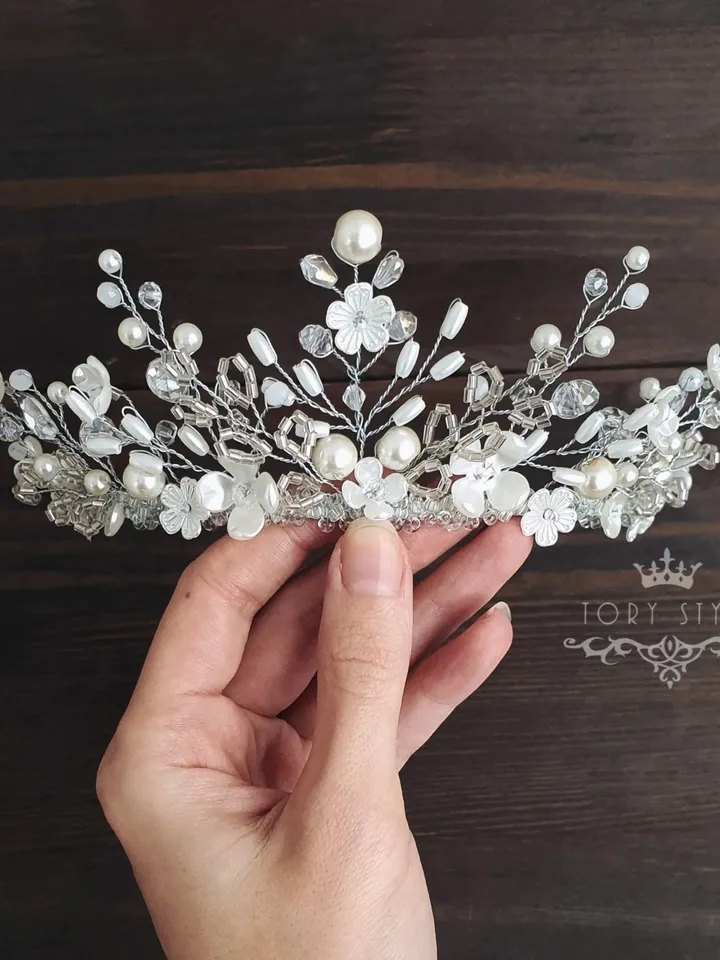 Pearl crown, flower tiara, white crown, bridal headpiece, wedding tiara, baby crown,White tiara, Wedding headpiece,Bride
