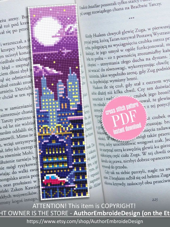 Unique bookmark cross stitch download PDF Night city cross stitch Digital bookmark pattern Cityscape xstitch chart Book lover gift #B45