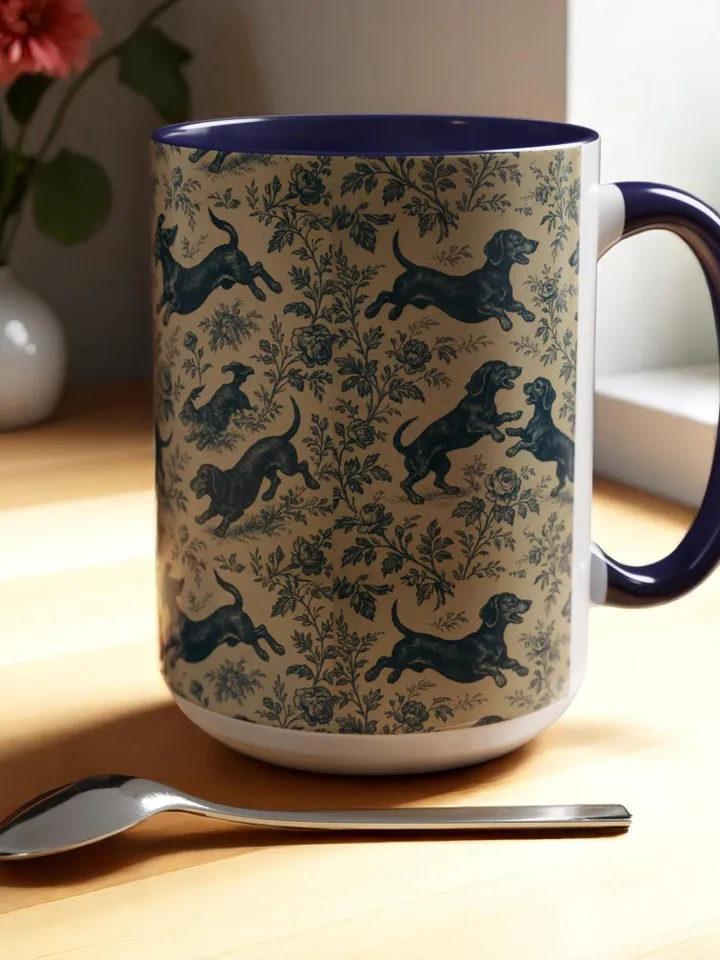 Dachshund French Toile de Jouy Ceramic Mug, Toile Coffee Cup for Doxie Mom, Sausage Dog Lover Gifts, Dog Tea Drinkware, Gift For Dog Lovers