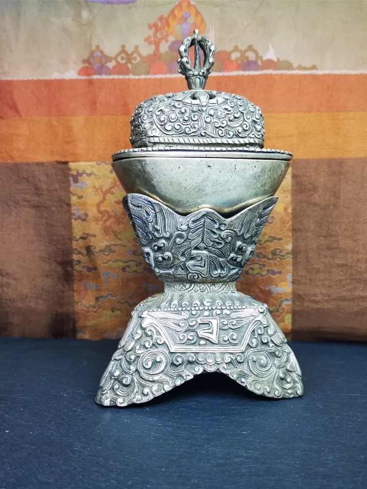 Gandhanra Handmade Tibetan Buddhist Offering Bowl,Kapala Skull Cup Set,Ritual Implement,Made of White Copper,7" Height