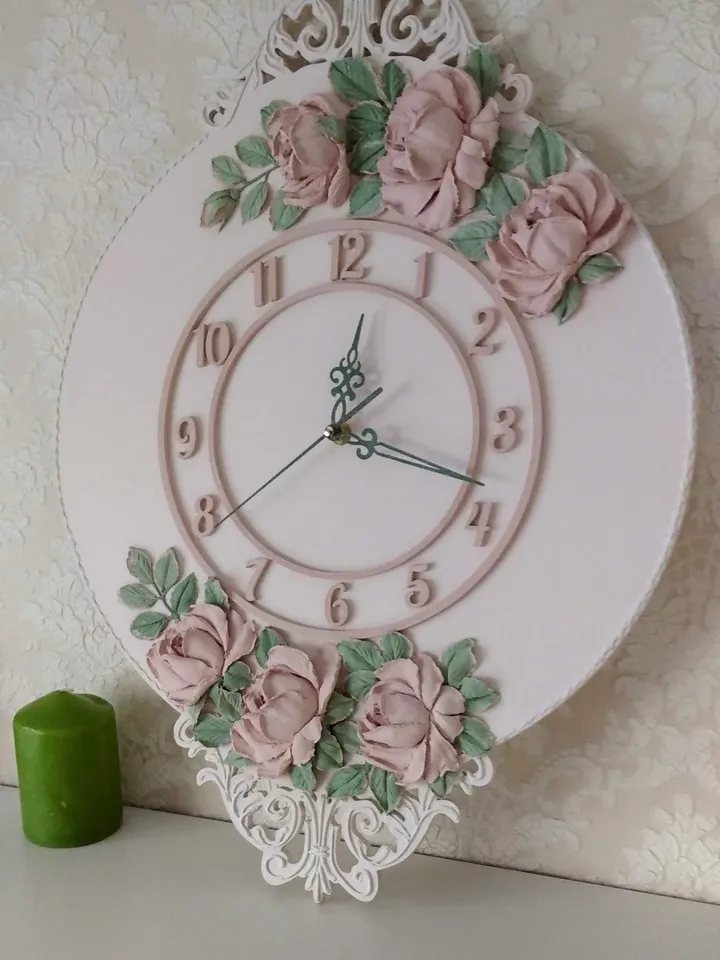 Pink wall clock with roses in shabby chic style Silent wall clock for bedroom or nursery Gift for Christmas, Birthday, Mother's Day, Wedding, Housewarming