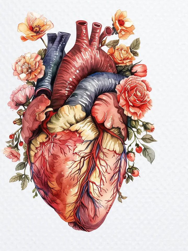 10 Floral Human Heart PNG Clipart, Printable Watercolor Anatomical Heart clipart for sublimation, Digital download, Paper craft, journals