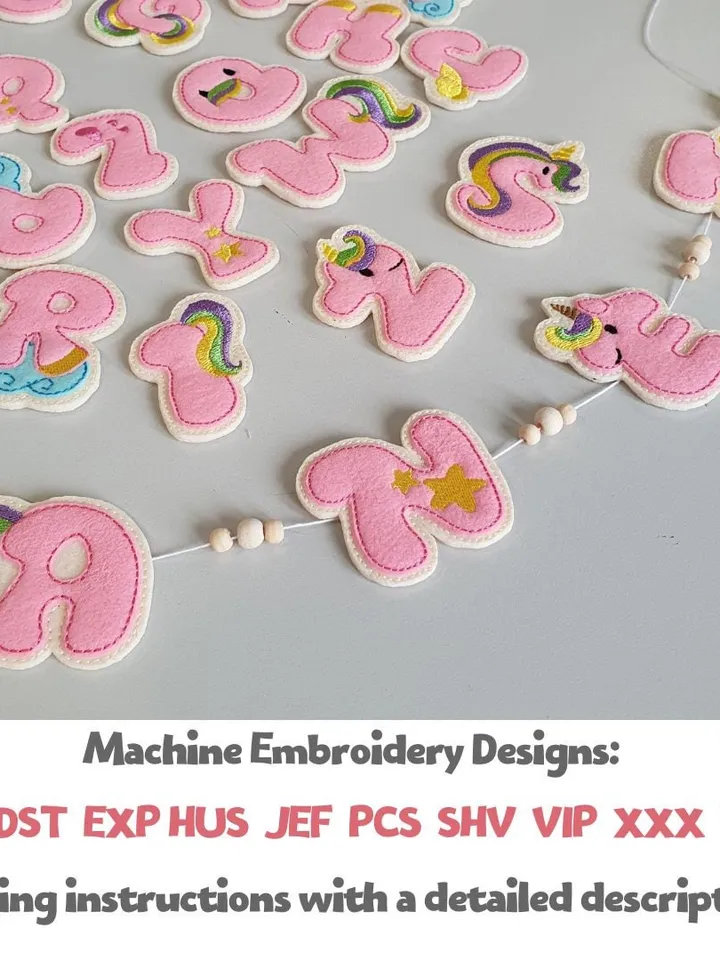 ITH Unicorn English Alphabet Embroidery Design Set, Felt Letters for Learning Pattern, 4x4 Hoop Digital File