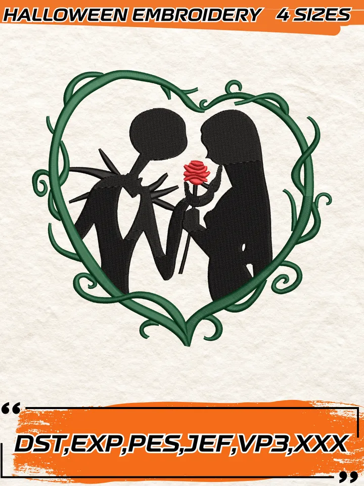 Heart Sally And Jack Applique Embroidery Design, Hallloween Embroidery Design, 4 Sizes, Digital Download