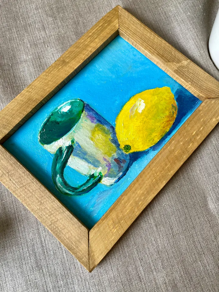 Lemon painting oil, original lemon and cup still life painting, fruit wall art, framed citrus painting, kitchen wall decor