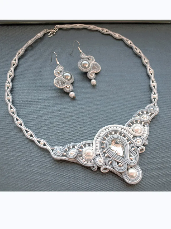 Bridal jewelry set, White necklace and earrings, Soutache embroidery, Rhinestone beaded necklace