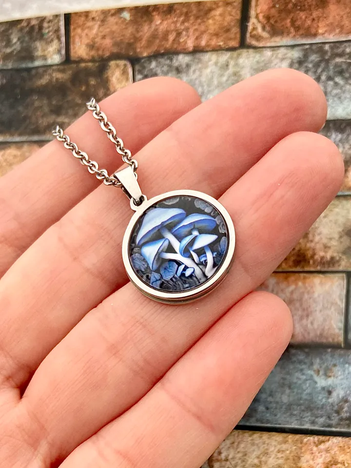 Blue mushrooms necklace, steel pendant with glass, Mushroom lover gift