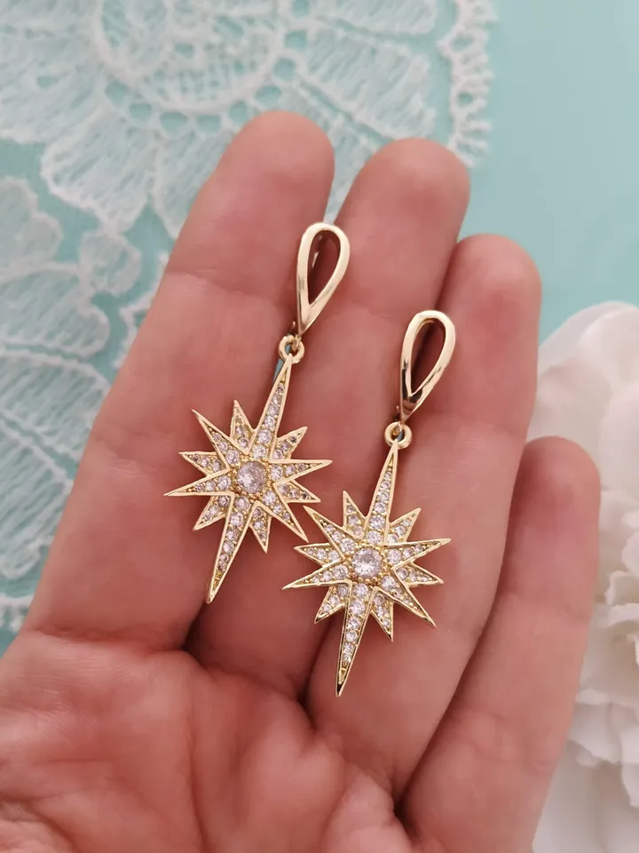 Star Earrings Celestial Gold Bridal Earrings Swarovski Crystal Boho Jewellery Drop Earrings Boho Earrings Bridesmaid Gift Dangle Earrings