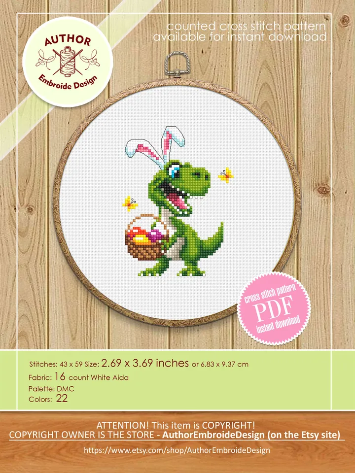 Funny dinosaur easter cross stitch pattern PDF download, Set of 2 small dinosaur cross stitch chart, Cute dino pattern digital PDF #T31