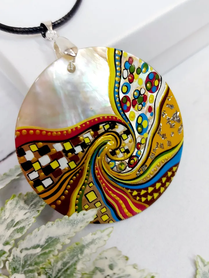 Pearl pendant necklace: Abstract Spiral painting in Klimt style on Graceful Handcrafted Pendant • Delicate handmade jewelry for bright girl