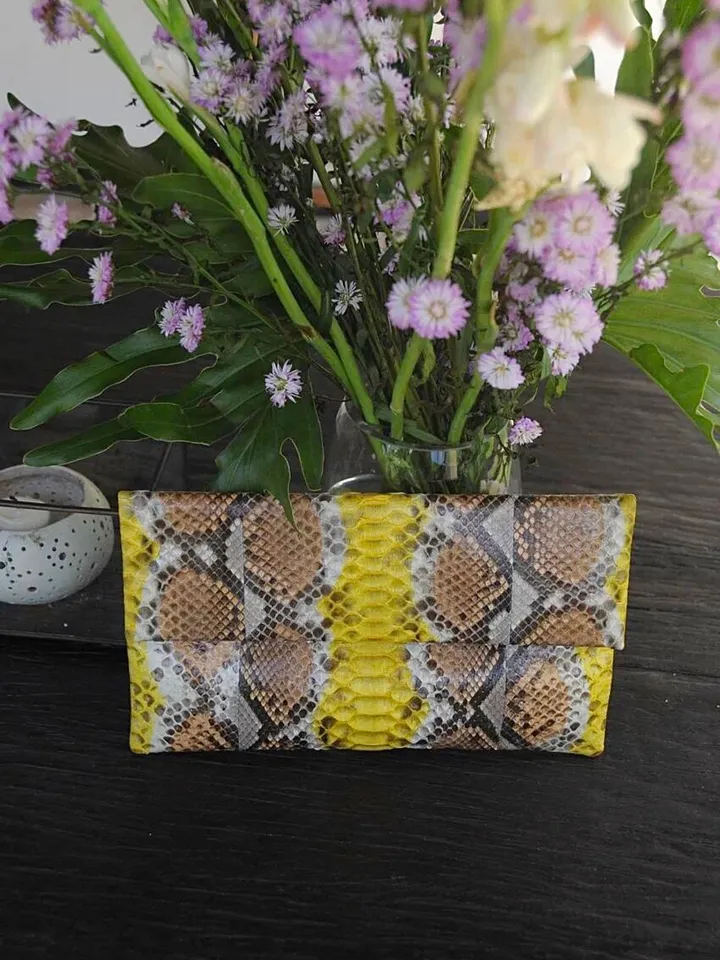 Genuine python skin yellow and brown handmade clutch, classy elegant leather envelope bag, purse, flat snake leather clutch,small clutch